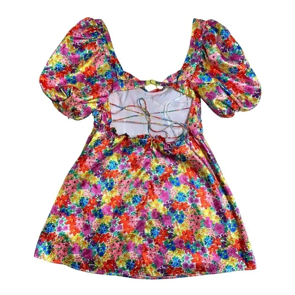For Love & Lemons Vibrant Floral Merrill Puff Sleeve Mini Dress Womens L